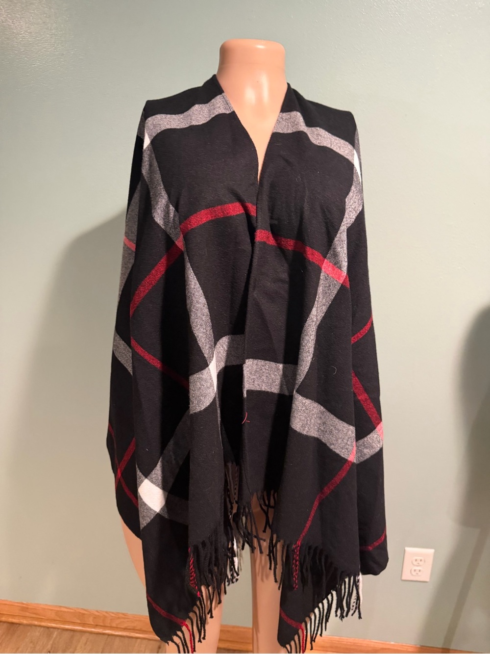 Black Plaid Fringe Wrap Jacket - Women